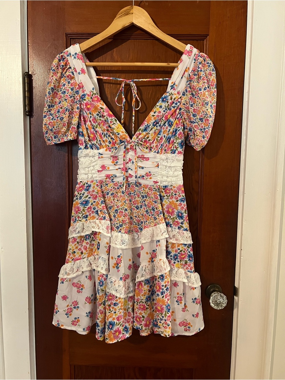 Altar’d State Aderny Patchwork Floral Mini Dress XS Cottagecore Ruffle - Picture 3 of 11